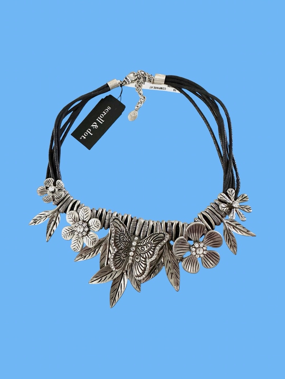 Scroll & Dot Silver Floral & Butterfly Statement Necklace - Slide Pendants